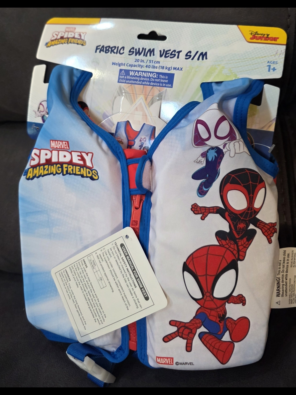 Marvel Spidey and His Amazing Friends Blue Red Kids Fabric Swim Vest S/M NWT